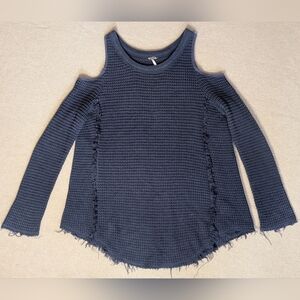 Free People Black Waffle Knit Distressed Cold Shoulder Cotton Sweater